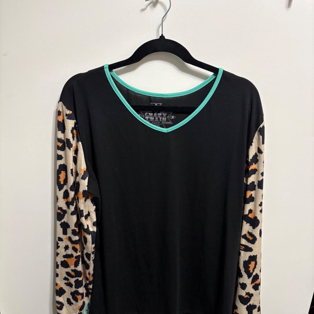 Crazy Train Leopard Fringe Sleeve Top - Picture 2 of 3